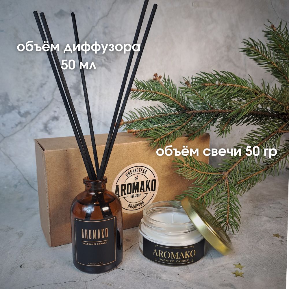 Подарочный набор AromaKo «Рождественская ель + Апельсин и корица», диффузор + свеча